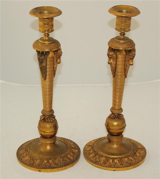 A pair of 19th century French Empire style ormolu candlesticks, 13.75in.